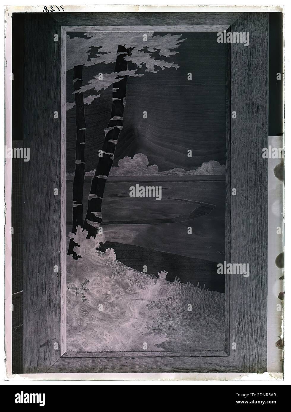 Wilhelm Weimar, opera d'arte, intarsio, art nouveau, vetro negativo, bianco e nero processo negativo, totale: Altezza: 23.8 cm; larghezza: 17.8 cm, numerato: In alto a sinistra. : in inchiostro nero: 1128, fotografia, Artigianato, Arti e Mestieri, disegno industriale, alberi, cespugli, acqua (elementi), opere di arti applicate (legno, ad esempio pannelli), codice Birch ad ogni diapositiva Foto Stock