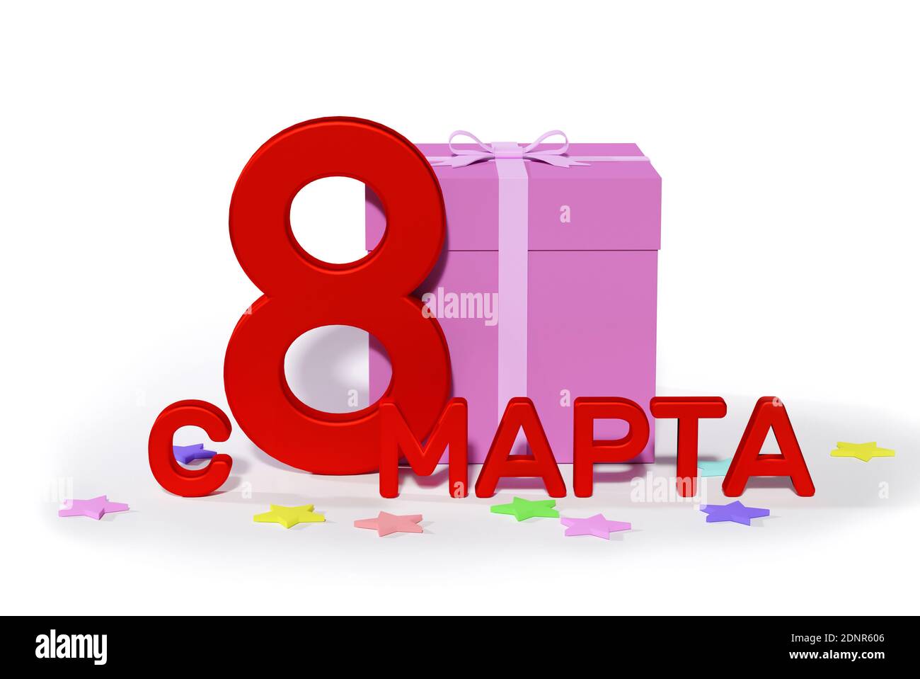 Biglietto d'auguri Giornata Internazionale della Donna l'8 Marzo con russo testo - rendering 3d Foto Stock