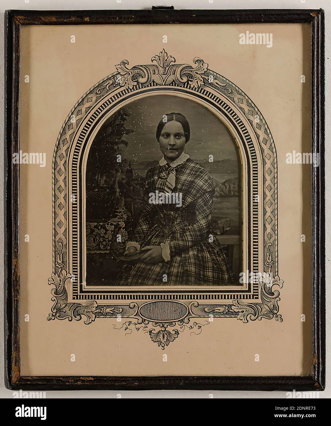 Julius Böhm, Elisabeth Rahn, daguerreotipo, dimensioni immagine: Altezza: 6,30 cm; larghezza: 5,50 cm, con inchiostro sull'etichetta: Produttore, titolo, data: 4 giugno 1850, fotografia ritratto, donna, ritratto a mezza lunghezza, figura seduta Foto Stock
