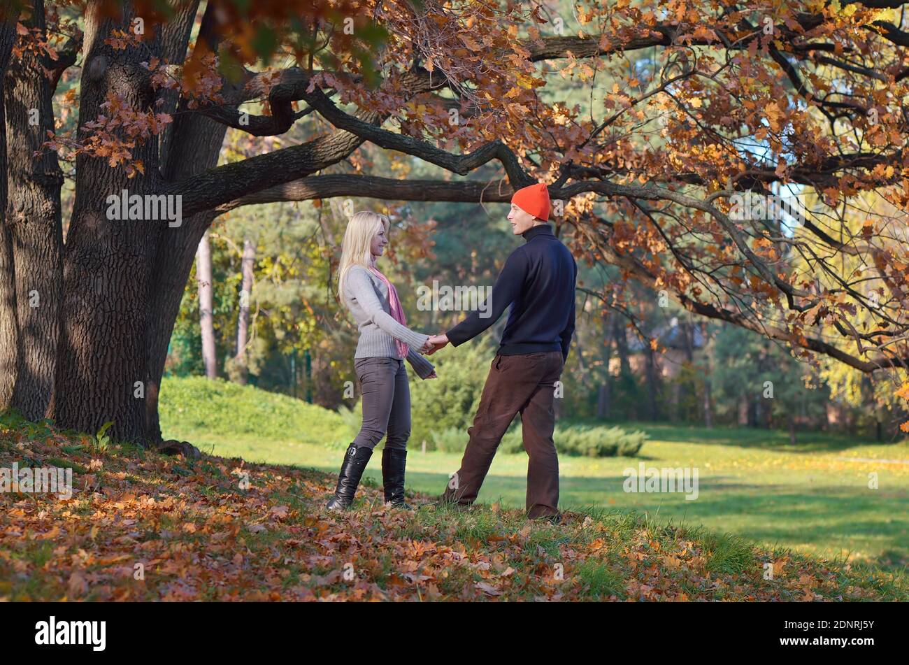 Felice coppia rilassarsi nel parco autunnale tenendo le mani Foto Stock