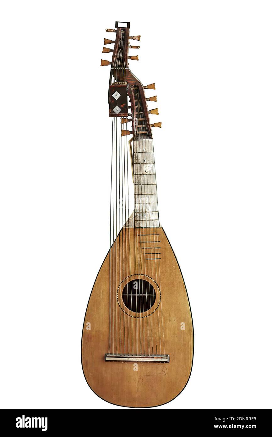 Per Kraft, Joachim Tielke, Angélique, convertito al Teorbo svedese, tartaruga, avorio, madreperla, legno, totale: Lunghezza: 1045 mm (lunghezza totale); larghezza: 307 mm (larghezza della parte superiore); profondità: 173 mm (profondità del corpo), strumenti non marcati, a corda, barocchi Foto Stock