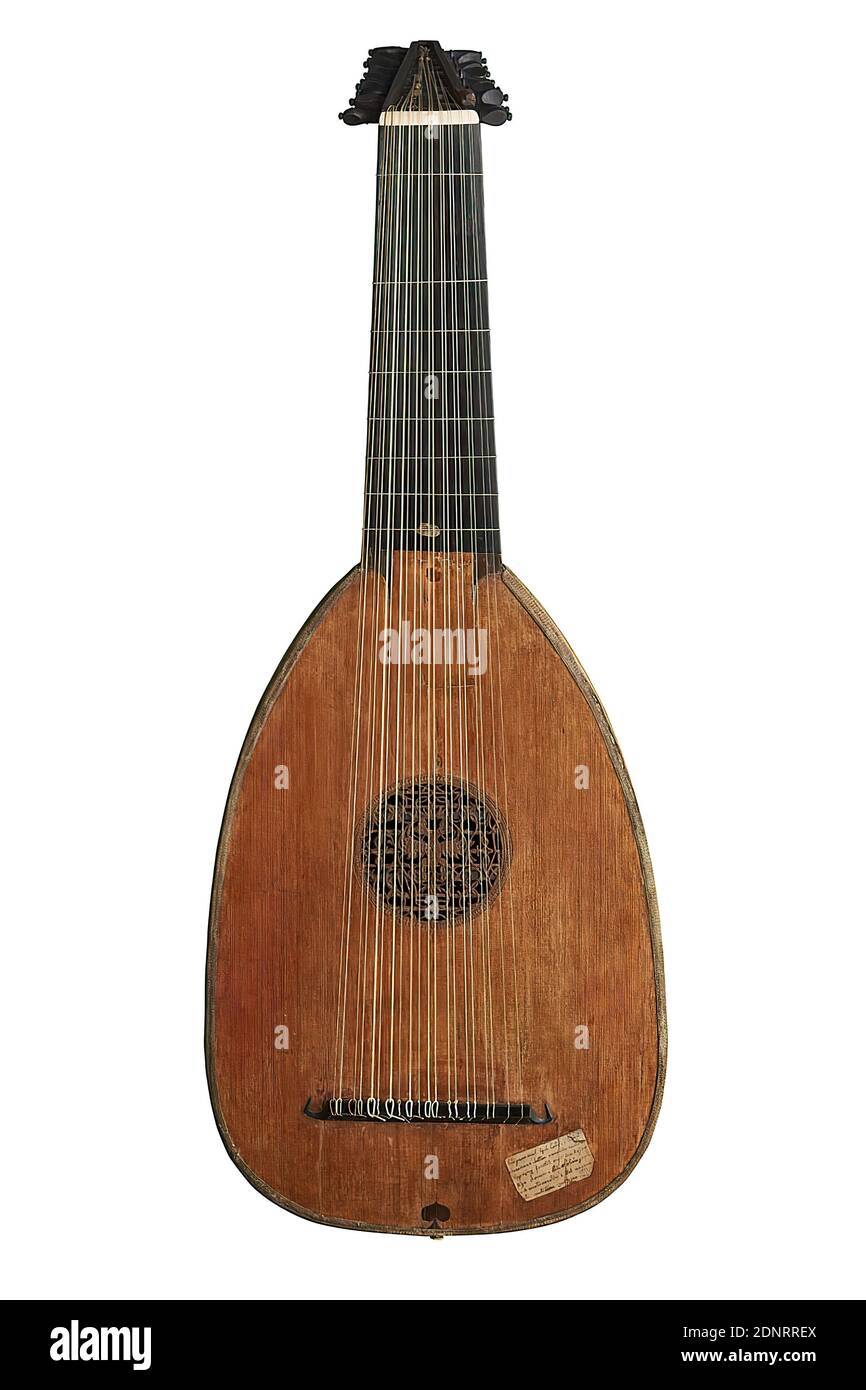 Petrus Hellmer, Lute, Coro Liuto (alto), legno, totale: Lunghezza: 800 mm; larghezza: 335 mm; altezza: 164 mm, Nota (realizzazione strumenti): All'interno del corpo: Petrus Helmer in Fueßen, 1614, Stringed Instruments, Renaissance, questo liuto mostra la classica forma di liuto nella tradizione dei costruttori di strumenti di Fueßen. Il corpo a volta a forma di pera è composto da 35 trucioli di legno separati da sottili fasce decorative nere e bianche. Il liutaio Petrus Hellmer era probabilmente un parente dei noti liutai Magnus Hellmer i e II di Füssen. Füssen era un importante centro di liuteria. Foto Stock