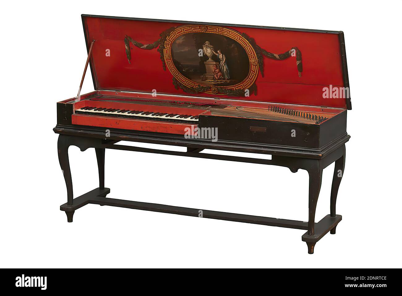 Johann Adolph Hass, clavicembalo grecato, Amburgo, legno, totale: Lunghezza: 1770 mm; larghezza: 560 mm; altezza: 805 mm (con supporto), iscrizione: Sulla tavola: J: A: Hass, Hamb: Anno 1760, strumenti a tastiera, medaglione (ornamento), ghirlande, filo di fiori (salente), coppidi, putti, lotteria, litteria Foto Stock