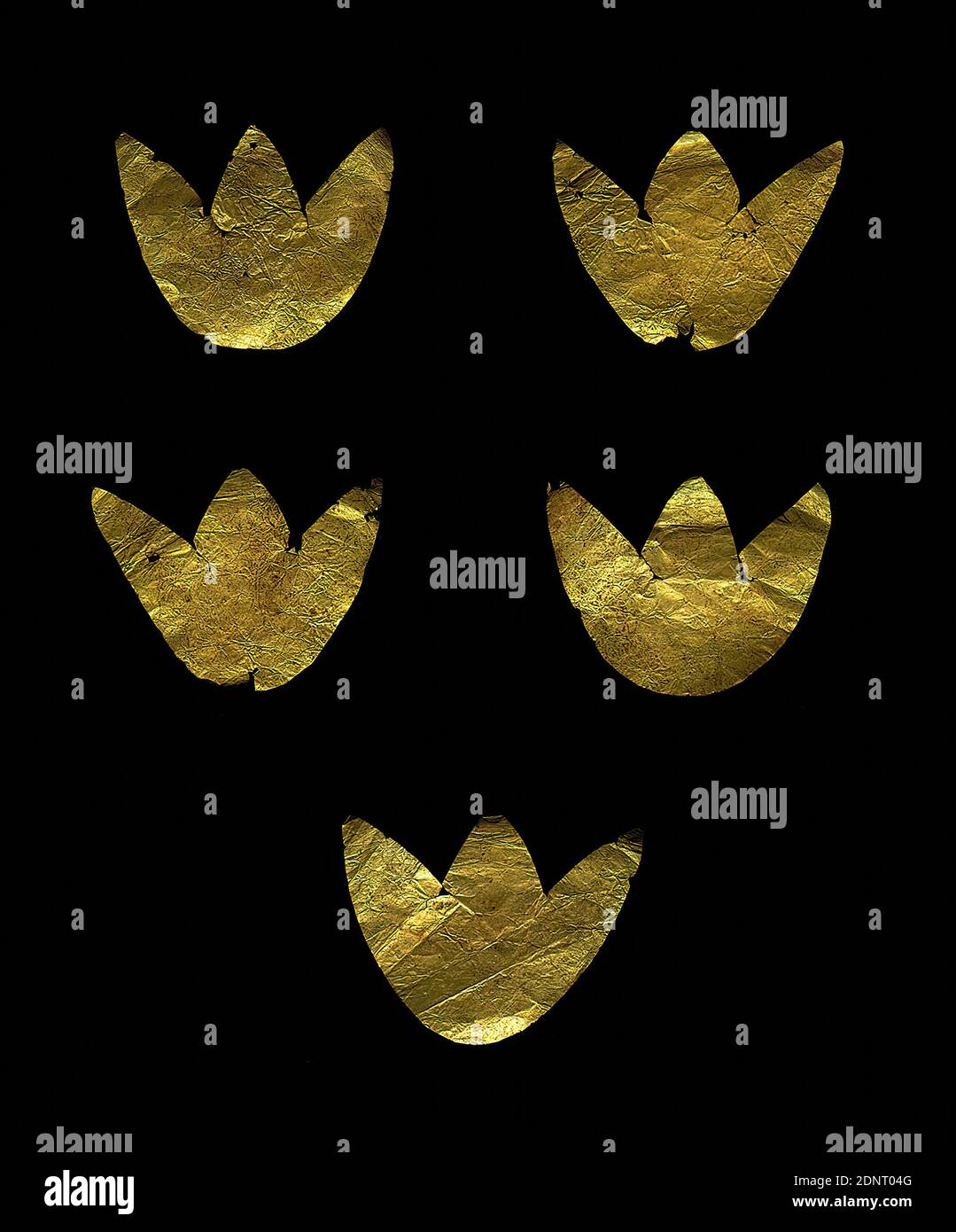 Cinque foglie da una corona dei morti, oro, fucinato, oro, totale: Altezza: 4.31 cm; larghezza: 5.57 cm, decorazione del corpo, morte, sepoltura, Corona, Garland, ornamenti di piante, periodo imperiale precoce, le cinque foglie lisce sono tagliate da oro. Sono arrotondati in basso e hanno tre punti in alto. Sono probabilmente tre foglie di alloro o di oliva poste l'una sopra l'altra. Le lamine sono state poste in file sovrapposte una dietro l'altra e sono state destinate a dare l'impressione di una corona di foglia legata. Foto Stock