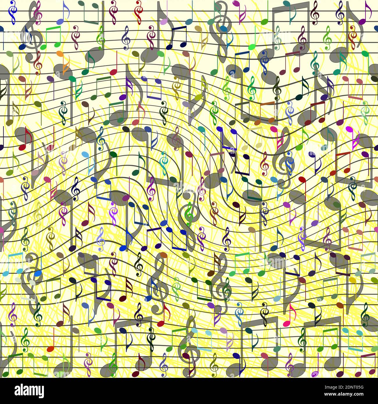 Note musicali e doghe messe insieme in modo caotico. Audio caotico notazione digitale ilustration. Foto Stock