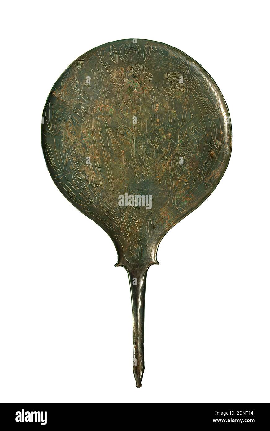 Specchio con manico (Athena, Hebe e Zeus), in ghisa, inciso, bronzo,  totale: Altezza: 32.5 cm; diametro: 17.6 cm; altezza: 11.4 cm (manico));  peso: 475.5 g, primo ellenistico, lo specchio con manico Etrusco