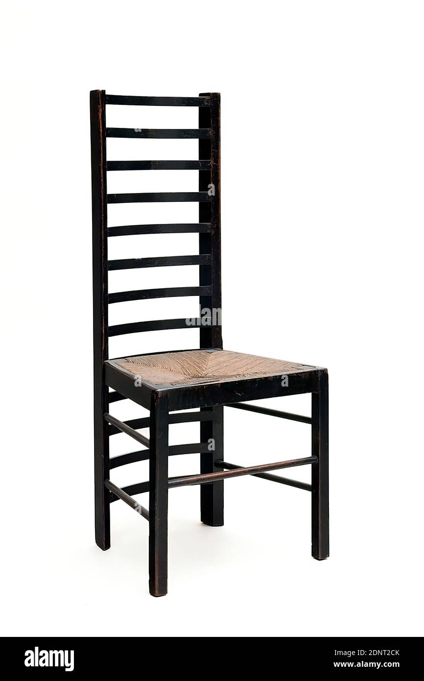 Charles Rennie Mackintosh, sedia da Sala da tè Willow, rovere, tinto, tessuto, totale: Altezza: 104,80 cm; larghezza: 45,50 cm; profondità: 38,50 cm, senza marchio, seduta, art nouveau Foto Stock