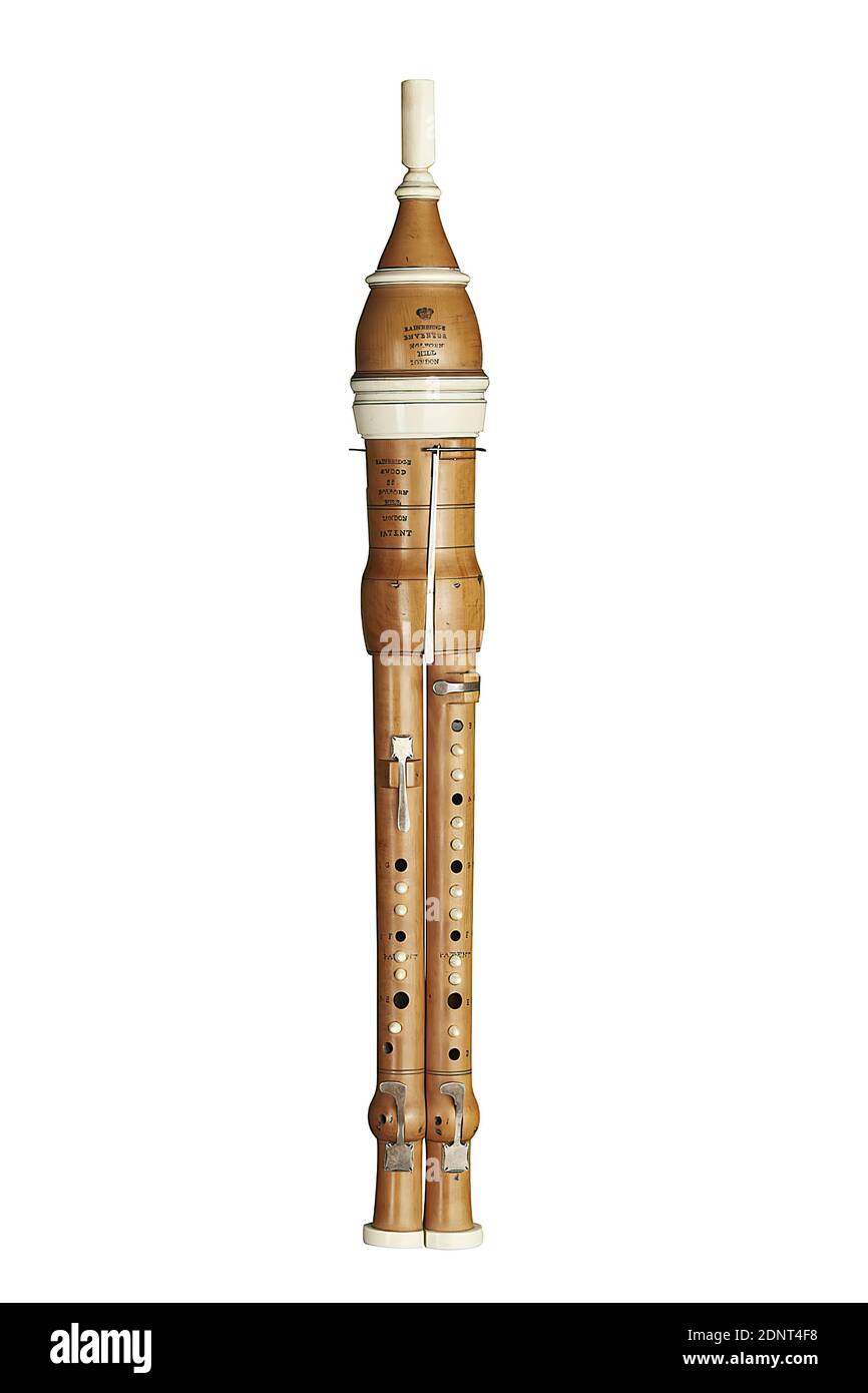 Bainbridge & Wood, John Wood, William Bainbridge, doppio flageolet, bosso, totale (boccaglio: 42 mm; capsula vento con attacco: 90 mm; testa: 110 mm): Lunghezza: 492 mm (lunghezza totale); lunghezza: 250 mm (lunghezza tubo sinistro e destro, 250 mm ciascuno), incisione a stampigliatura: Sulla testa: BAINBRIDGE, & WOOD// 55, HOLBORN, HILL, LONDRA, BREVETTI, STRUMENTI EOLICI Foto Stock