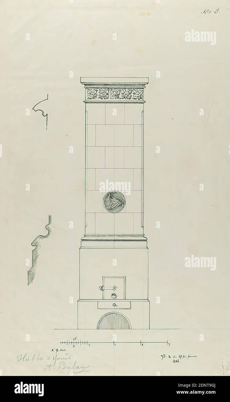 Theodor Bülau, Hübbe'se Haus, Ferdinandstr. 65, Amburgo. Disegno per stufa in maiolica, carta, disegno a penna e inchiostro, dimensioni del foglio: Altezza: 34 cm; larghezza: 21 cm, firmato, datato e inscritto: Recto: In inchiostro: HB. ♃ [Jupiter symbol] 29 gennaio 1846, Bülau, inscritto: Recto: In piombo: Casa di Hübbe/ A. Bülau, disegni di progetto, stufa Foto Stock