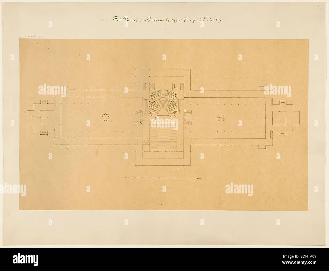 Gottfried Semper, progetto per il Festival Theatre provvisorio Richard Wagner nel Glaspalast di Monaco (progetto A). Planimetria, carta da ricalco, disegno, dimensioni del foglio: Altezza: 34 cm; larghezza: 57.5 cm, inscritto: Recto sul cartone: In inchiostro: Prob. [In lead added] Festival Theatre del professor G. Semper a Zurigo, in testa: G. Semper 179-21-3, disegni, progettazione, progettazione di un edificio, teatro dell'opera, architettura, disegno architettonico o modello Foto Stock