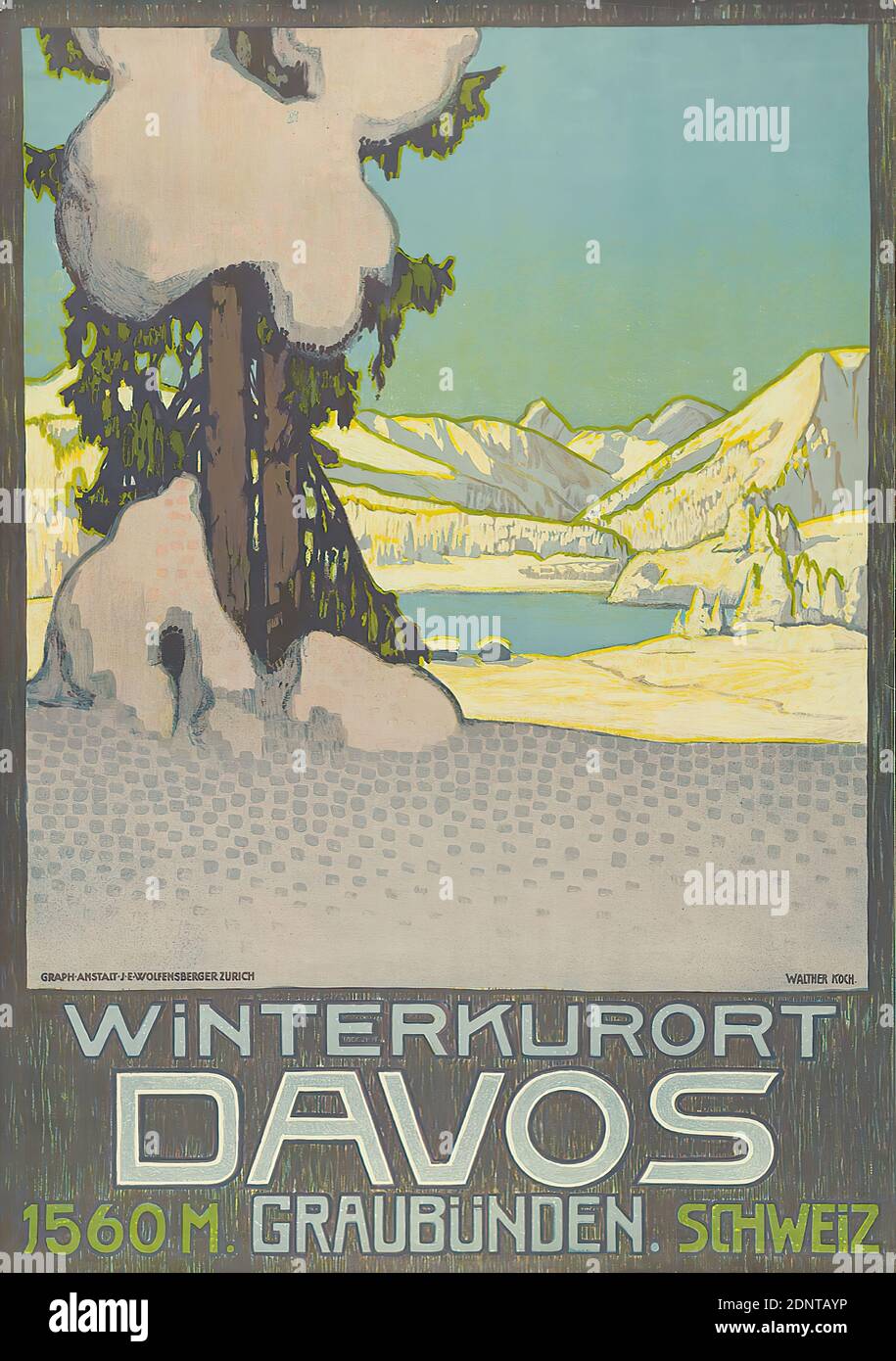 Grafico. Wolfensberger, Walther Koch, stazione di salute invernale Davos, 1560 m Graubünden, Svizzera, carta, litografia, totale: Altezza: 98,6 cm; larghezza: 69,4 cm, firma: Im Druck u. r. im Motiv: WALTHER KOCH, manifesti turistici, montagne, montagne, neve, alberi, cespugli, lago, inverno, cura, cura balneare, Davos Foto Stock