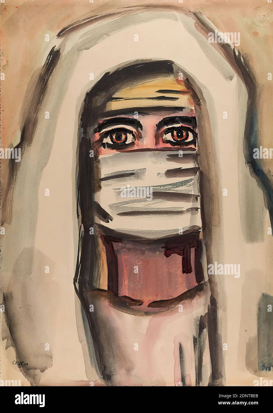 Gustav Heinrich Wolff, Sphinx-face (testa di donna beduina), cartone, acquerello, acquerello su cartone, totale: Altezza: 51 cm; larghezza: 36,4 cm, recto in basso a sinistra monogramma e datato con penna GHW 29. Inscritto con penna in basso sul retro: Sphinx - volto, disegno, grafica, pittura, ritratto, testa, viso, copricapo, costume nazionale, costume regionale, popoli e nazionalità, modernismo classico Foto Stock
