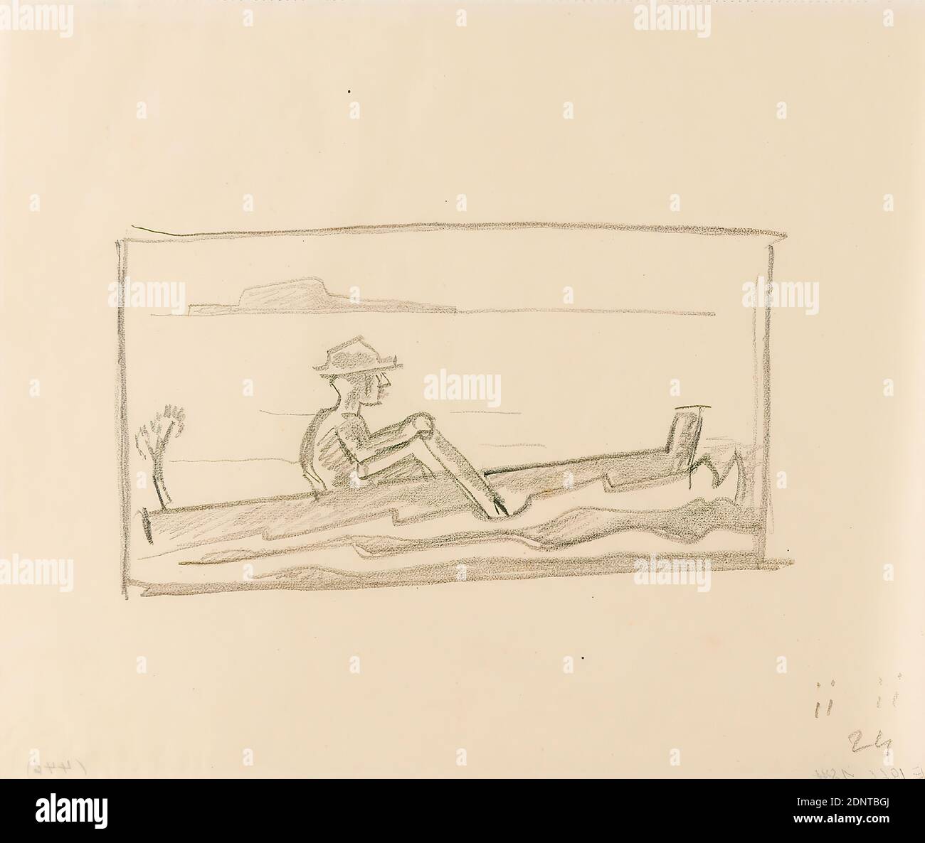 Gustav Heinrich Wolff, uomo in barca a remi, matita, pergamena, disegno, matita su pergamena, totale: Altezza: 17.5 cm; larghezza: 21.9 cm, recto datato in basso a destra: ii II 24, schizzi, disegno, grafica, canoe, canottaggio, canoa, Modernismo classico, foglio singolo (Bl. 10) dal libro degli schizzi da ottobre a dicembre 1924 (in parte creato durante il soggiorno di Wolff ad Amburgo Foto Stock