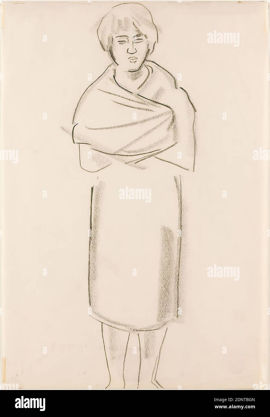 Gustav Heinrich Wolff, Donna in piedi con alesino, carta da disegno, carbone da disegno, disegno, carbone su carta da disegno, totale: Altezza: 33.3 cm; larghezza: 22.9 cm, senza contrassegno, disegno, grafica, schizzi, Donna, personaggio in piedi, sciarpa, NeckerChief, Classico moderno Foto Stock