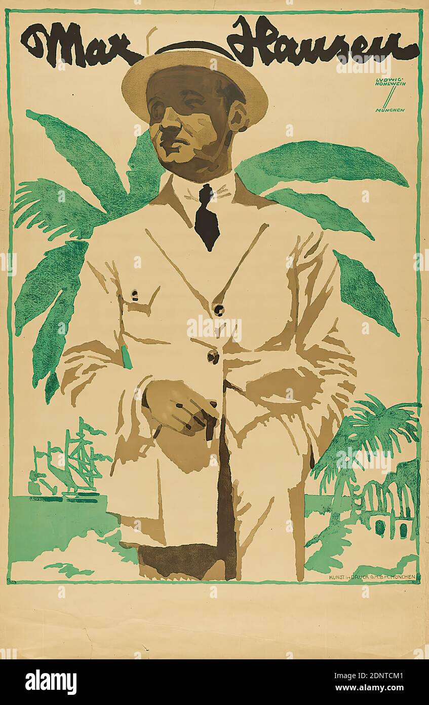 Kunst im Druck, Ludwig Hohlwein, Max Hansen, carta, litografia, totale: Altezza: 93 cm; larghezza: 61 cm, firma: Recto o. r. in stampa: LUDWIG HOHLWEIN, MONACO DI BAVIERA, poster, attore, attrice, ritratto, paesaggi esotici (zona non temperata), cantante, palma, dandy, Beau, proiezione di film, film, proiezione cinematografica Foto Stock