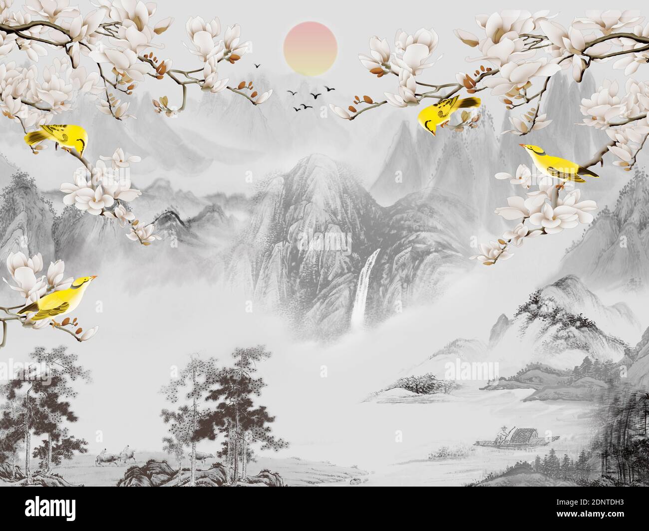 Illustrazione del paesaggio, montagne grigie, alberi, alba nella nebbia, uccelli gialli si siedono sui rami di un albero che fiorisce con fiori bianchi Foto Stock