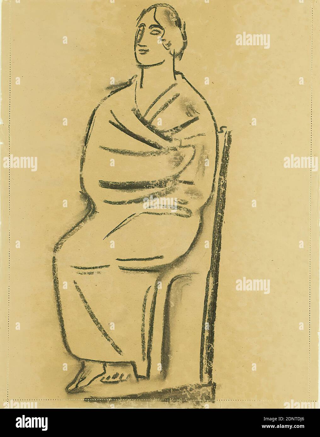 Gustav Heinrich Wolff, seduta con sciarpa, carta da disegno, carbone da disegno, carta da disegno grigia con bordo forato, totale: Altezza: 43,6 cm; larghezza: 34 cm, disegno, grafica, schizzi, figura seduta, Donna, Classico moderno Foto Stock