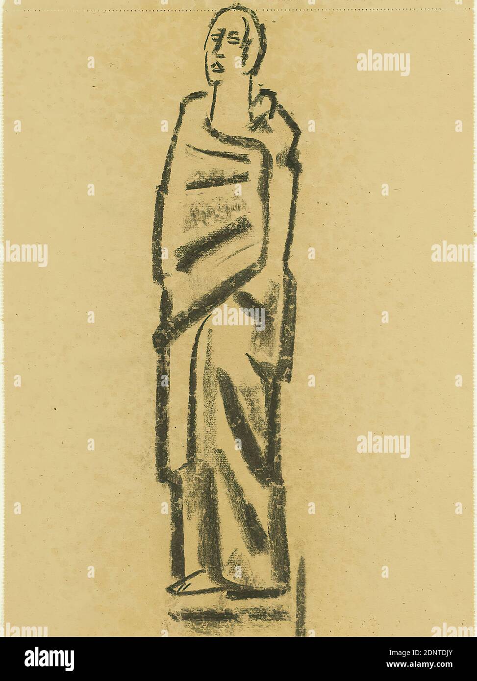 Gustav Heinrich Wolff, personaggio di indumenti in piedi, carta da disegno, carbone da disegno, carta da disegno grigia con bordo forato, totale: Altezza: 43.7 cm; larghezza: 32 cm, disegno, grafica, schizzi, figura in piedi, Modernismo classico Foto Stock