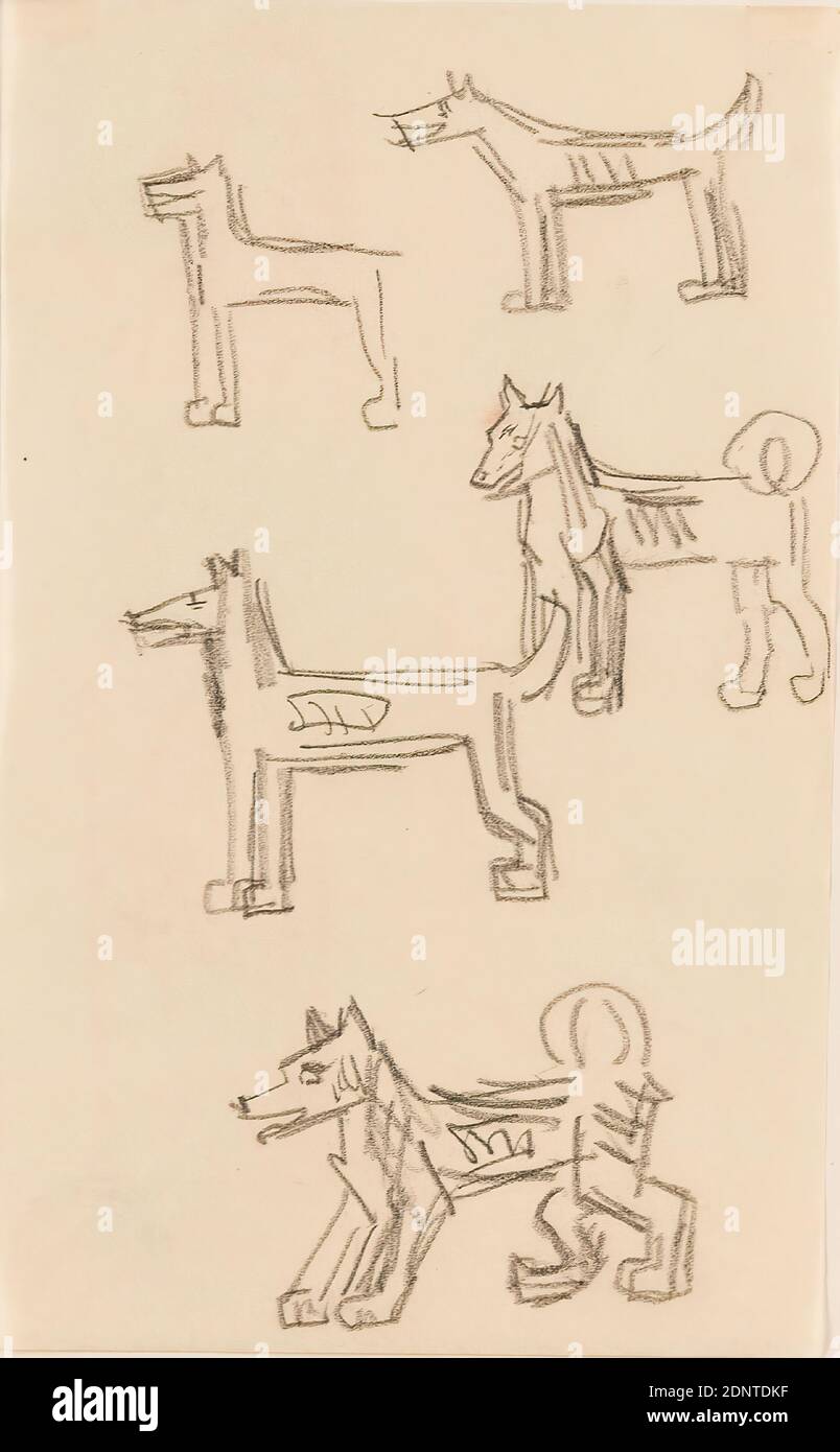 Gustav Heinrich Wolff, foglio di studio con cani o lupi, matita, pergamena, matita su pergamena, totale: Altezza: 17.4 cm; larghezza: 10.8 cm, disegni, grafici, schizzi, disegni di disegno, cane, lupo, animali, modernismo classico, foglio con cinque schizzi di un cane o lupo eseguiti in modo diverso a sinistra; dal libro di disegno 1923. Vedi anche la scultura in bronzo di Wolff Dog (Holthusen 1964 scultura n. 19) ed ex Libris Käte Wolff (figura di una lupa) (1923), Holthusen 1964 grafico n. 36 Foto Stock