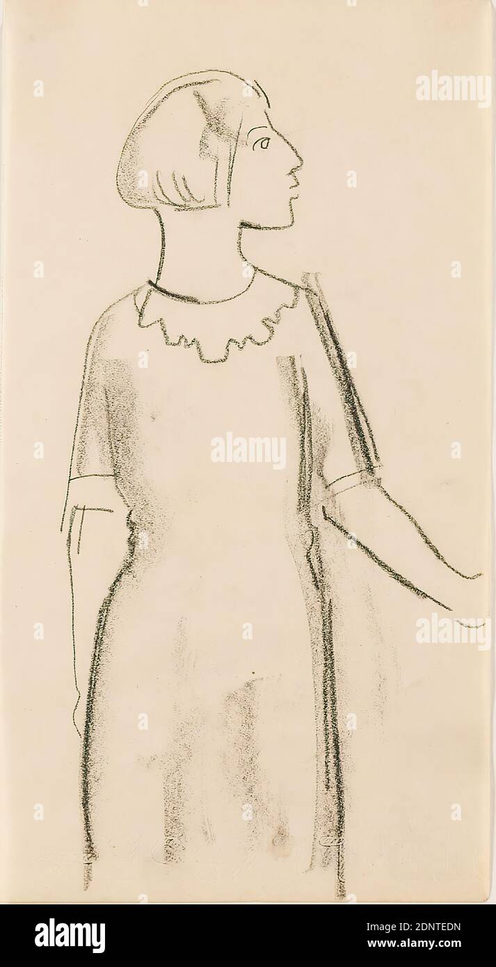 Gustav Heinrich Wolff, donna in abito, carta da disegno, carbone da disegno, disegno, carbone su carta da disegno, totale: Altezza: 20 cm; larghezza: 12,2 cm, schizzi, disegno, grafica, donna, abito, Modernismo classico, dal libro di Sketchbook 1926 Foto Stock