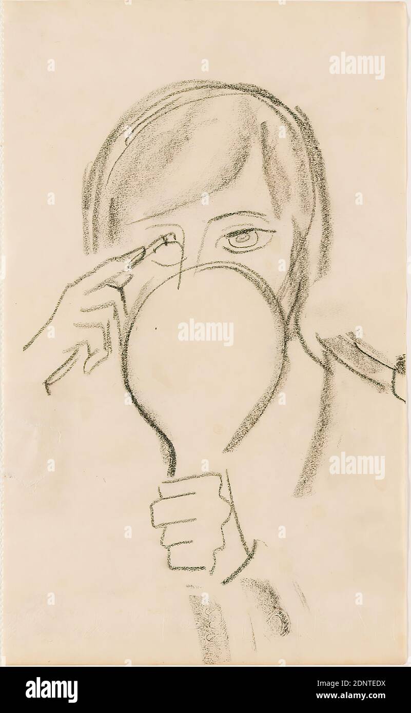 Gustav Heinrich Wolff, Donna con specchio, carta da disegno, carbone da disegno, disegno, carbone su carta da disegno, totale: Altezza: 20 cm; larghezza: 12.2 cm, disegno, grafica, schizzi, donna, specchio, modernismo classico, donna con specchio a mano, dal libro di disegno 1926 Foto Stock