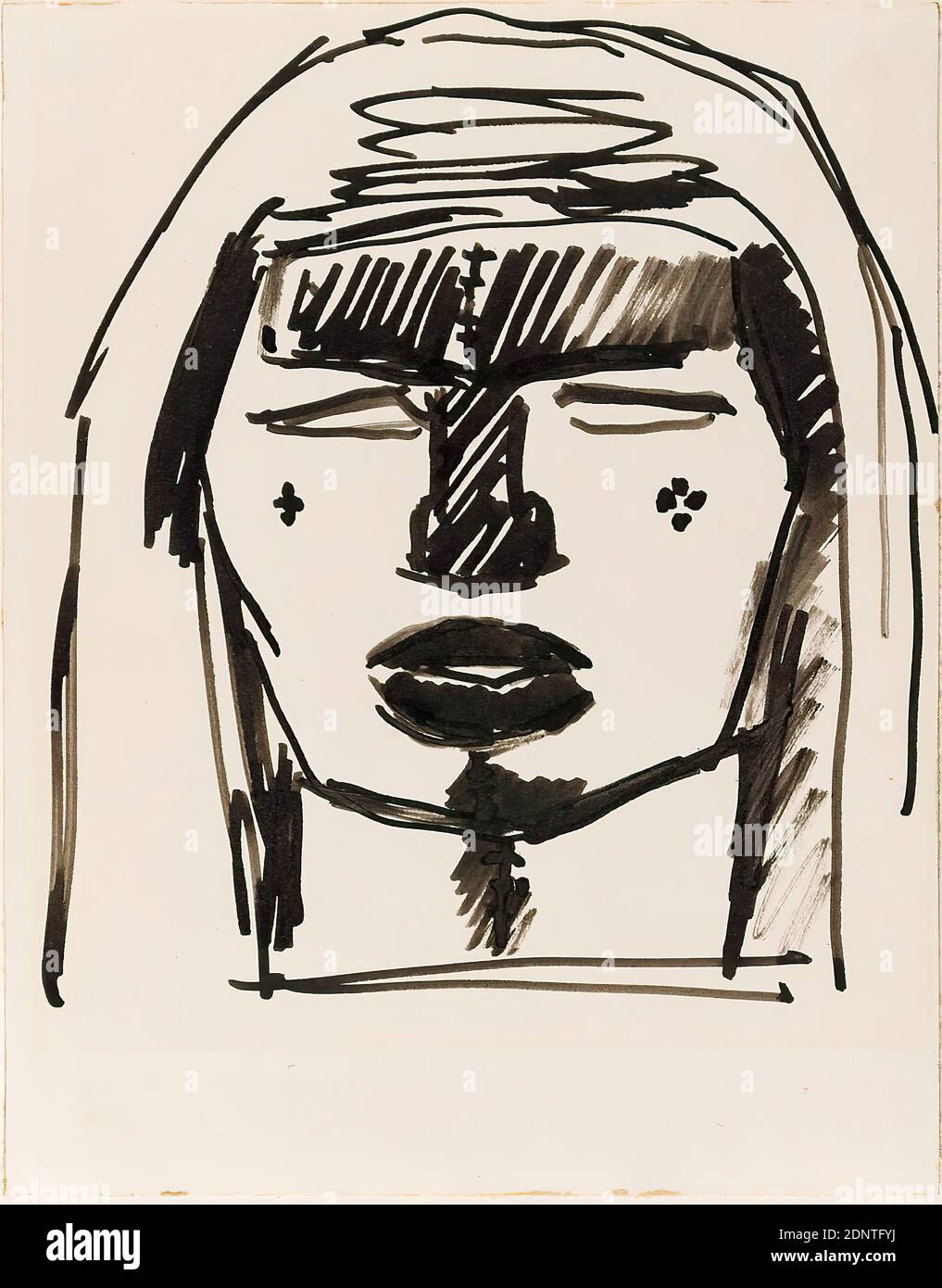 Gustav Heinrich Wolff, testa (africana), inchiostro, cartone, disegno, inchiostro nero su cartone, totale: Altezza: 20 cm; larghezza: 15,7 cm, disegno, grafica, schizzi, disegni, ritratto, testa, volto, modernismo classico, schizzo di una testa, foglio singolo non ondulato da un libro di schizzo. Probabilmente schizzo per il taglio a legno Afrikanerin (1923), Holthusen 1964 grafico n. 45 (vedi anche la scultura Kleiner Kopf in Maskenform, Marokkanisches Weib, 1923, Holthusen 1964 scultura n. 30 Foto Stock