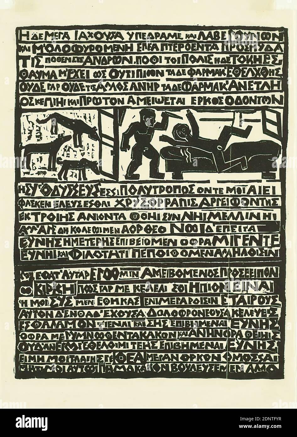 Gustav Heinrich Wolff, Odysseus e Kirke, carta tissue, taglio di legno, taglio di legno su carta tissue, dimensioni immagine: Altezza: 26,7 cm; larghezza: 20,3 cm, grafica, mitologia classica/storia antica, storia di Odysseus, Odysseus sull'isola di Circe, Wolf, storia del Circe, modernismo classico, Odysseus e Kirke (1923), grafico Holthusen 1964 39 Foto Stock