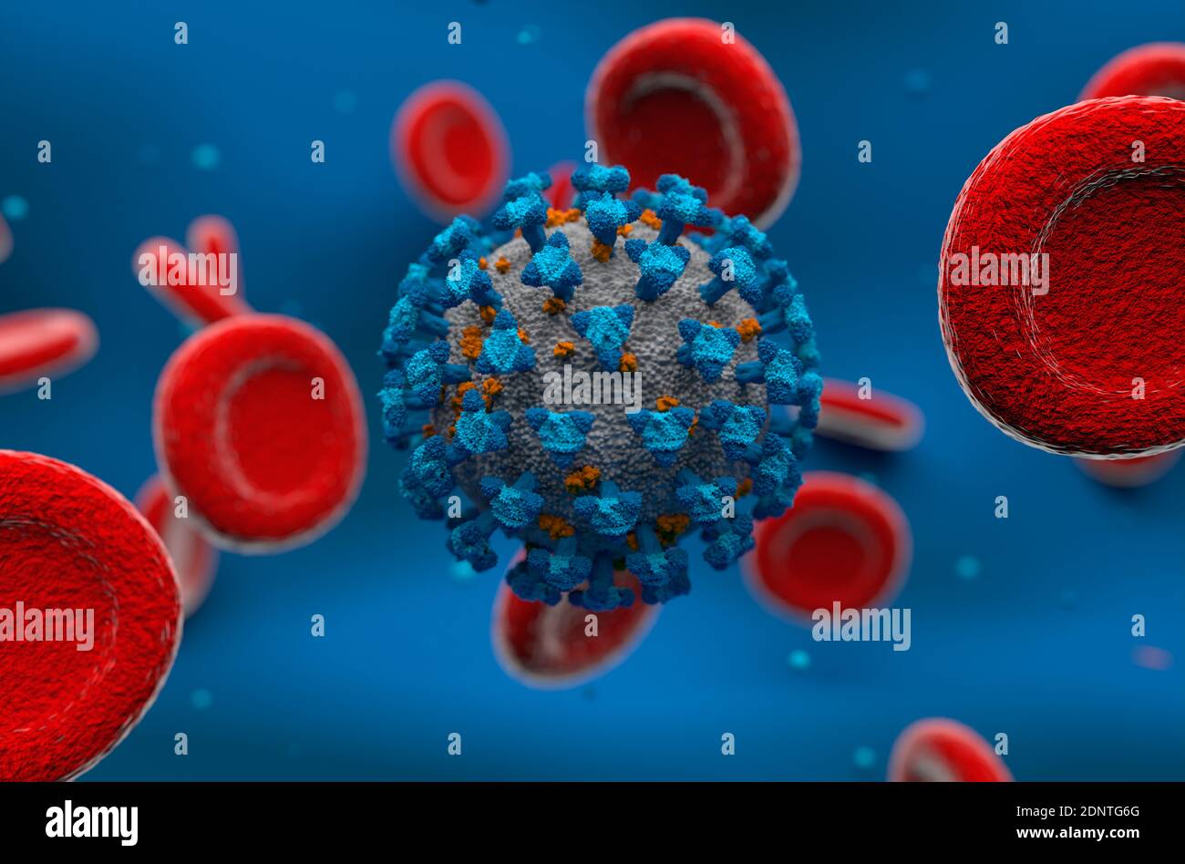 Modello concettuale di rendering 3D con virus a colori blu Foto Stock