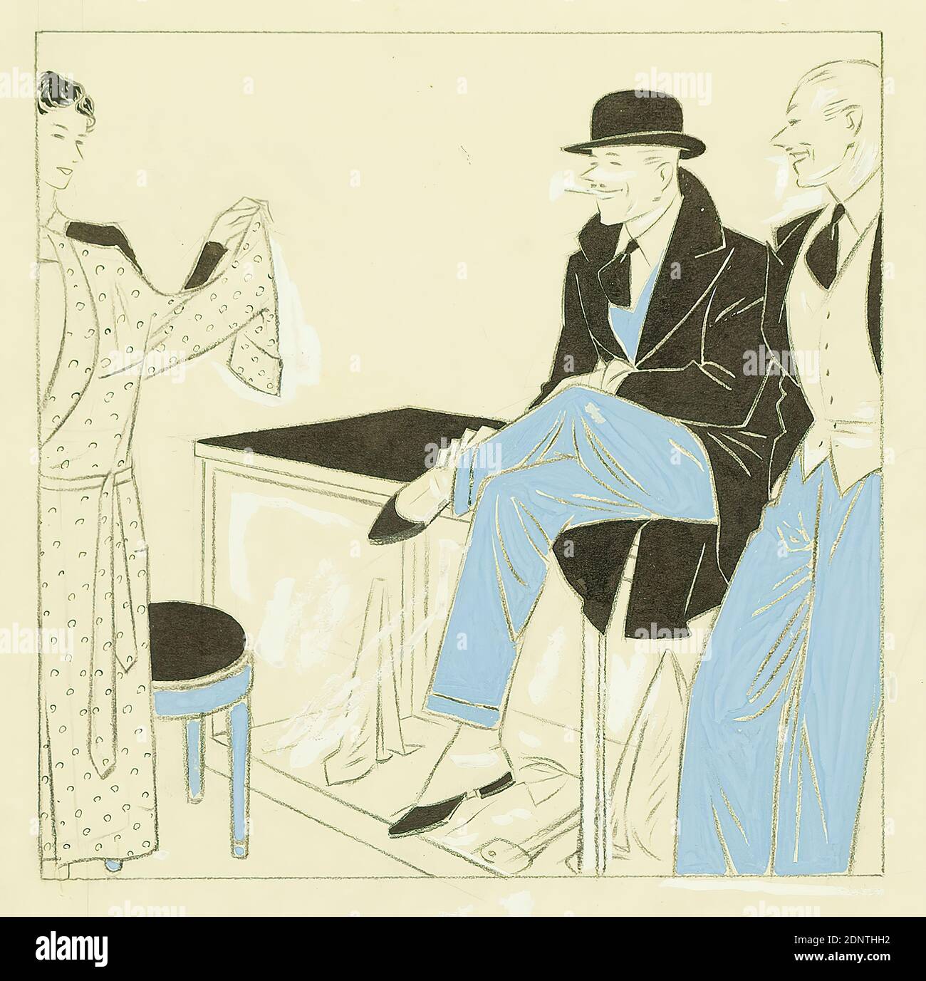 Ernst Dryden, moda uomo, carta, acquerello opaco, matita, inchiostro, bianco opaco, gouache, disegno, gouache su piombo, inchiostro nero, correzioni con bianco opaco, totale: Altezza: 49,4 cm; larghezza: 30,2 cm, inscritto: Sotto il disegno: Raster 3, raster 4, raster 2, giornali, riviste, illustrazioni, donna, venditore, uomo, moda, moda, abbigliamento, uomo Foto Stock