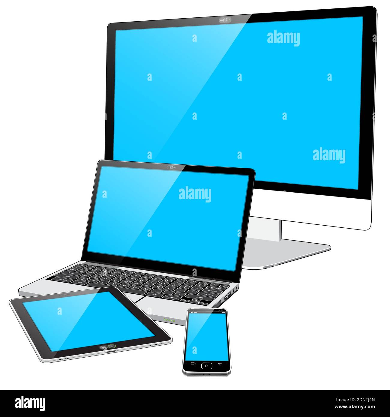 4 dispositivi connessi al Web: Uno smartphone, un Tablet PC, un PC portatile e un grande display in un unico PC. Le schermate blu indicano che i dispositivi sono accesi. Illustrazione Vettoriale