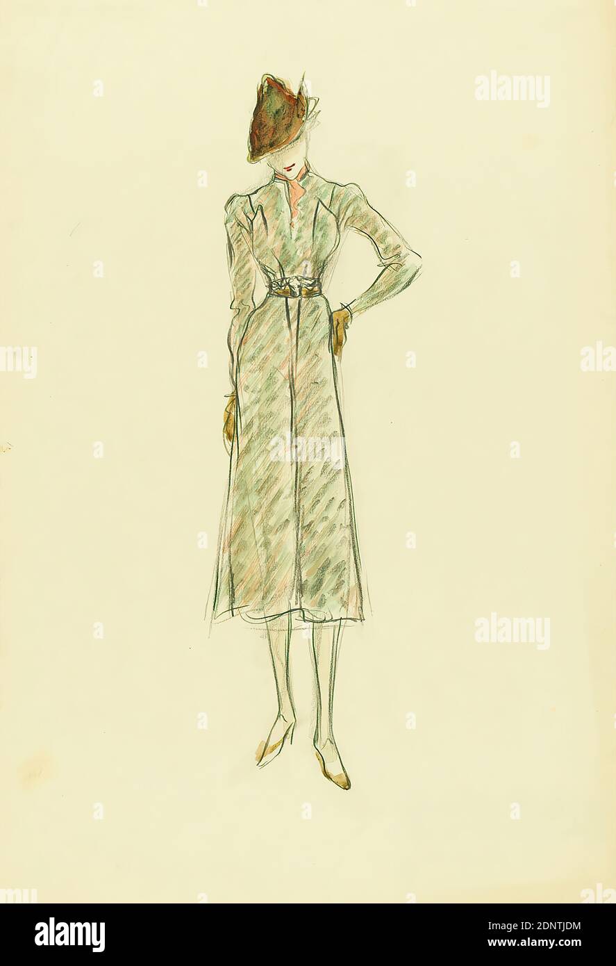 Ernst Dryden, Donna in giacca verde, carta, acquerello non coprente, matita, acquerello, disegno, acquerello sopra il piombo, totale: Altezza: 45,9 cm; larghezza: 30,9 cm, illustrazioni, moda, abbigliamento, moda donna Foto Stock
