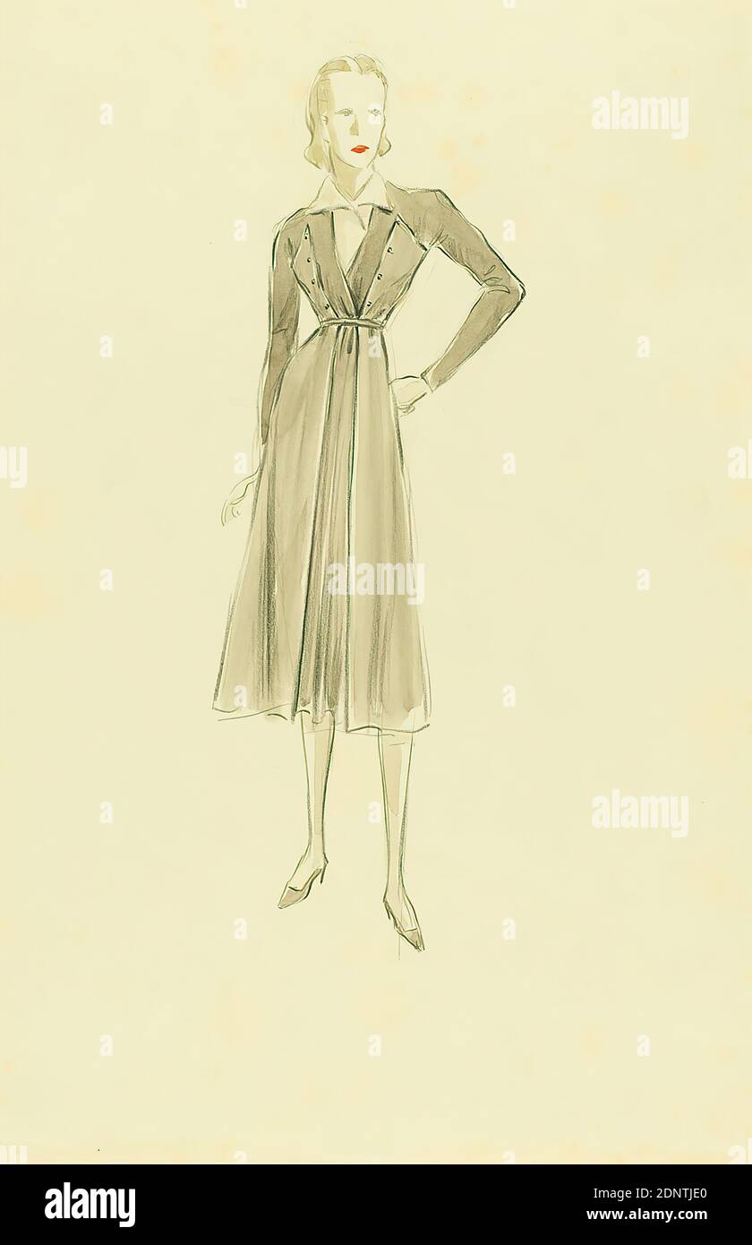 Ernst Dryden, Donna in giacca grigia, carta, acquerello non coprente, matita, acquerello, disegno, acquerello sul piombo, totale: Altezza: 45.9 cm; larghezza: 30.4 cm, illustrazioni, moda, abbigliamento, moda donna Foto Stock