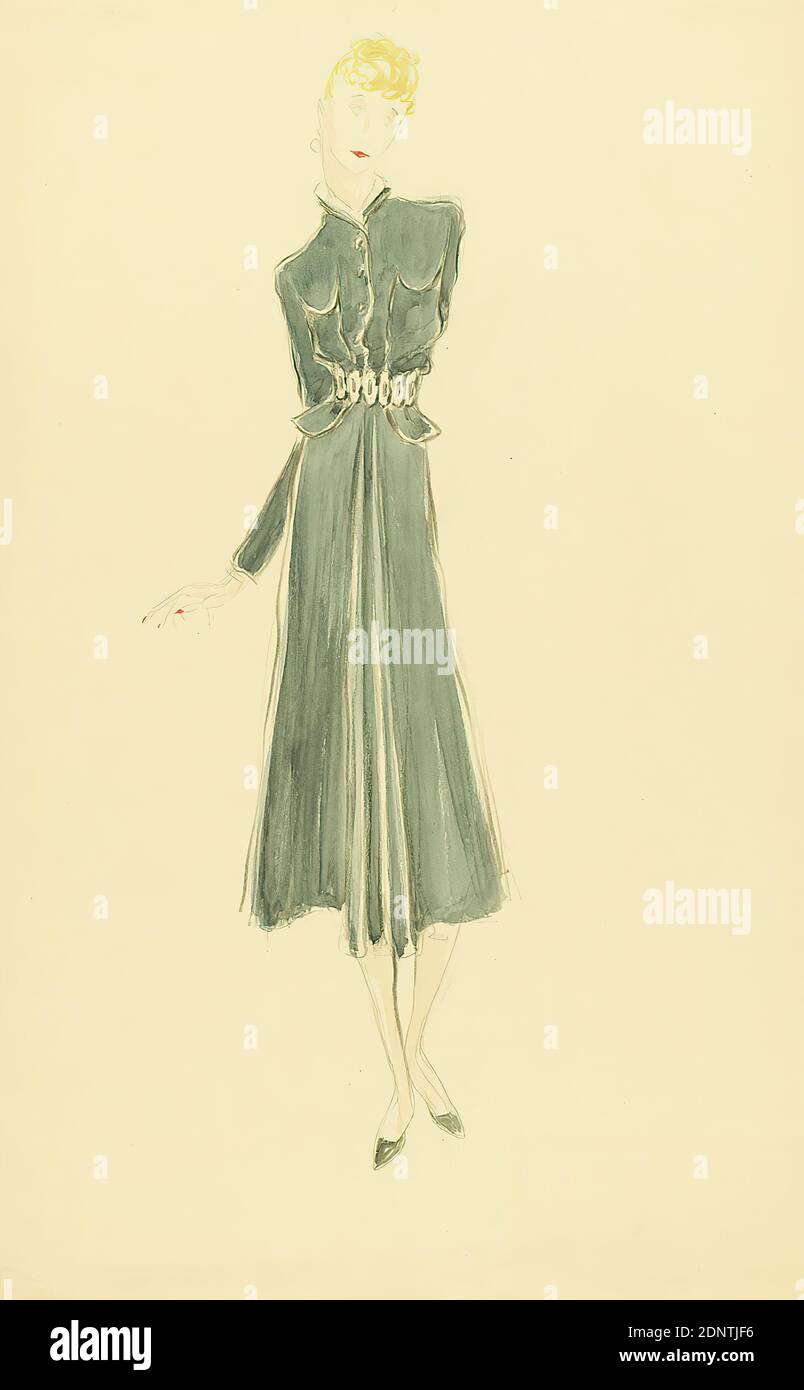 Ernst Dryden, donna in costume blu, carta, acquerello non opaco, acquerello, disegno, acquerello su matita, totale: Altezza: 48,4 cm; larghezza: 30,4 cm, moda e design tessile, illustrazioni, moda, abbigliamento, moda donna, abito Foto Stock