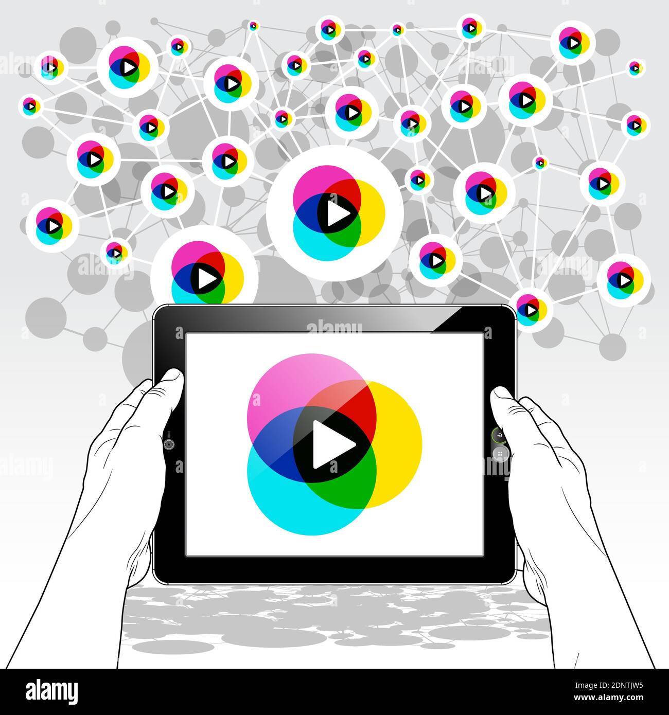 Un Tablet PC tenuto orizzontalmente in entrambe le mani. Sullo schermo viene visualizzata l'icona "Media Play". Illustrazione Vettoriale