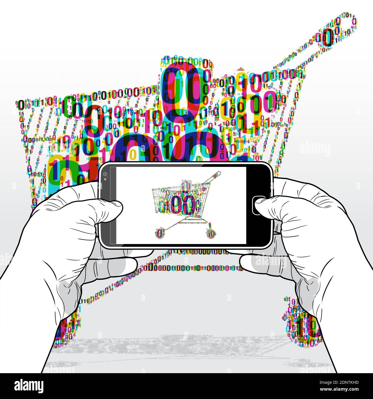 E-commerce digitale Shopping tramite un'app software per smartphone. Illustrazione Vettoriale