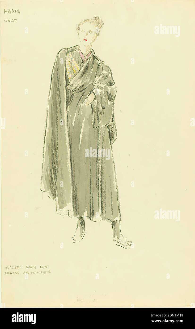 Ernst Dryden, costume per Margo Albert nel film Lost Horizon, carta, acquerello non opaco, matita, acquerello, disegno, acquerello sul piombo, totale: Altezza: 48.7 cm; larghezza: 30.6 cm, iscrizione: Recto in alto a sinistra: MARIA, CAPPOTTO, iscrizione: Recto in basso a sinistra: CAPPOTTO LAMA ADATTATO, RICAMO CINESE, illustrazioni, giacca, cappotto, capo, moda, abbigliamento, moda donna, attore cinematografico, attrice, cinematografia, tessuto, stoffa (tessuti) Foto Stock