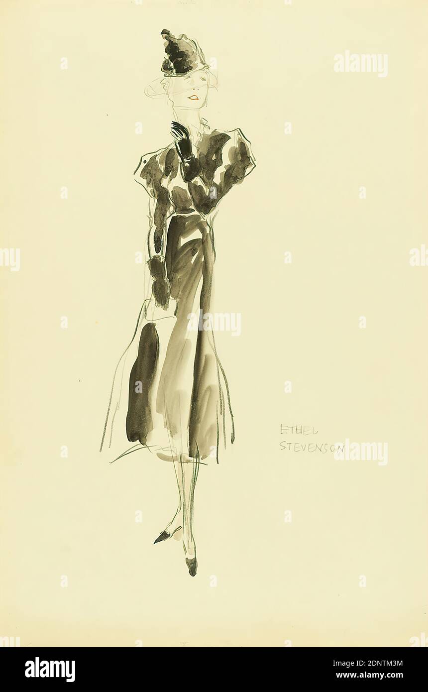 Ernst Dryden, disegno del costume per un film, carta, acquerello non opaco, matita, acquerello, disegno, acquerello sul piombo, totale: Altezza: 45.8 cm; larghezza: 30.6 cm, inscritto: Recto in basso a destra: ETHEL STEVENSON, illustrazioni, abito, moda, abbigliamento, moda donna, attore cinematografico, attrice Foto Stock