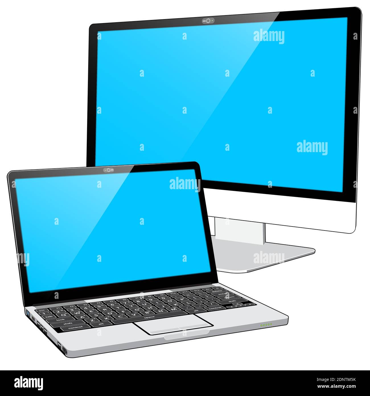 Un PC portatile e un PC "all-in-one" con ampio display del monitor presentavano schermate blu che ne indicano l'accensione. Illustrazione Vettoriale