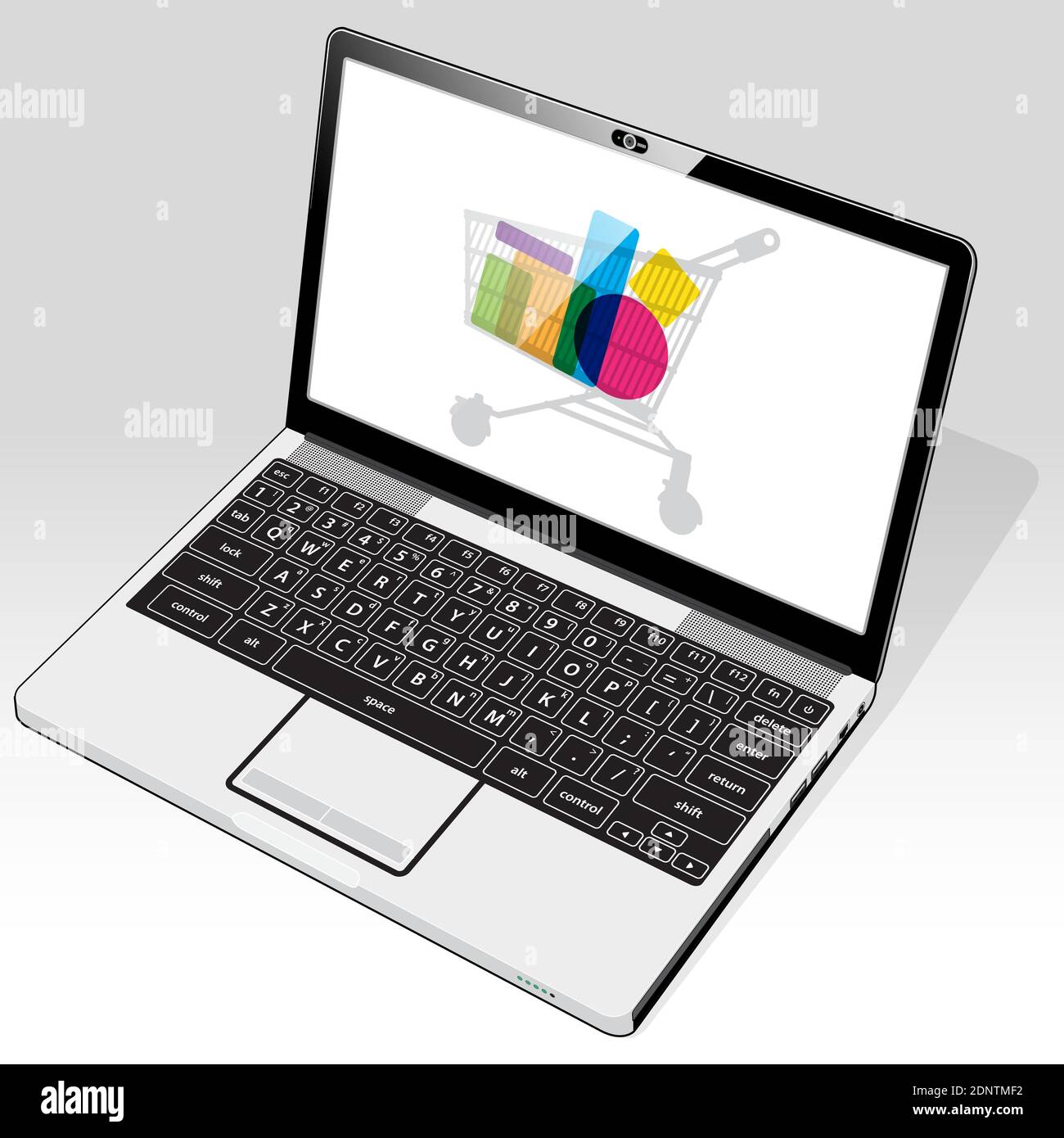 Un computer portatile che accede agli acquisti online. Sullo schermo viene visualizzata l'icona del carrello. Illustrazione Vettoriale Un computer portatile che accede agli acquisti online. Sullo schermo viene visualizzata l'icona del carrello. Illustrazione Vettoriale