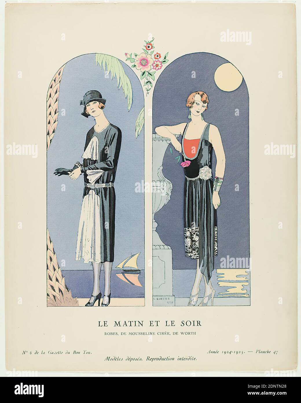 George Barbier, le Matin et le soir (Illustrazione di Gazette du Bon Ton, n. 6, 1924-25, Pl. 47), carta, acquerello non opaco, autotype, stencil printing (pochoir), pochoir e autotype, totale: Altezza: 24,5 cm; larghezza: 19 cm, firmato e datato: Sulla targa: G. BARBIER 1925, inscritto: Recto e sulla targa: Tipograficamente: N. 6 de la Gazette du Bon Ton., Modèle déposé. Riproduzione interdite, Année 1924-1925. - Planche 47, inscritto: Recto. Foto Stock