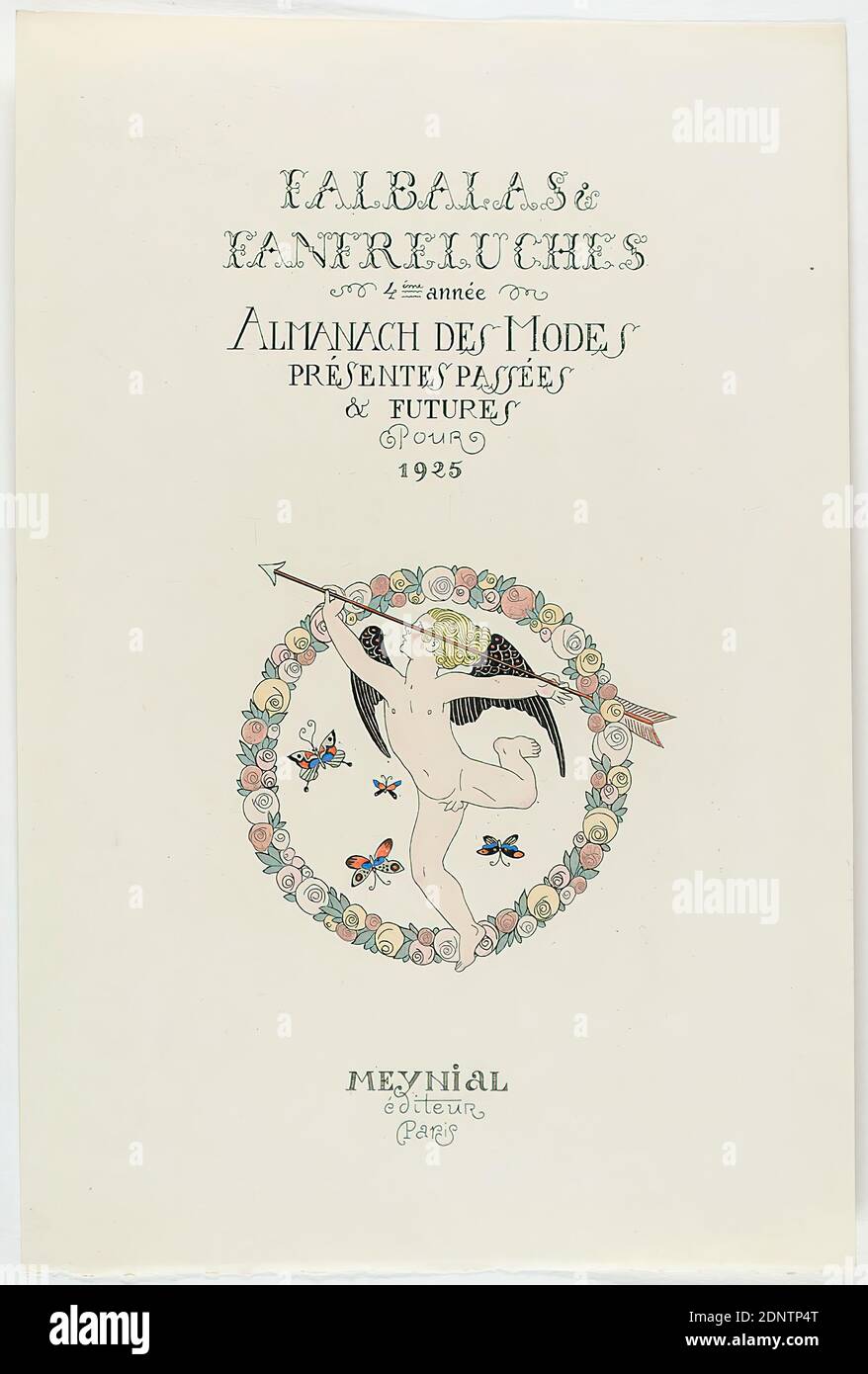 George Barbier, Meynial éditeur, Paris, Falbalas et Fanfreluches. Almanac delle tendenze della moda nel passato e nel futuro per il 1925. Title page del Fashion Almanac per 1925, carta fatta a mano, acquerello non opaco, incisione, stampa stencil (pochoir), pochoir e incisione, dimensioni del foglio: Altezza: 24.8 cm; larghezza: 16.5 cm, non segnato, stampe, stampa, storia di Cupido, Cupido spara una freccia, farfalla, fiori, corona, garland, Art Déco Foto Stock