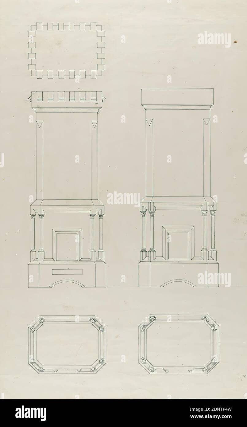 Theodor Bülau, disegno di un camino, carta, penna e inchiostro, dimensioni del foglio: Altezza: 42,5 cm; larghezza: 26,7 cm, disegni di design, camino Foto Stock