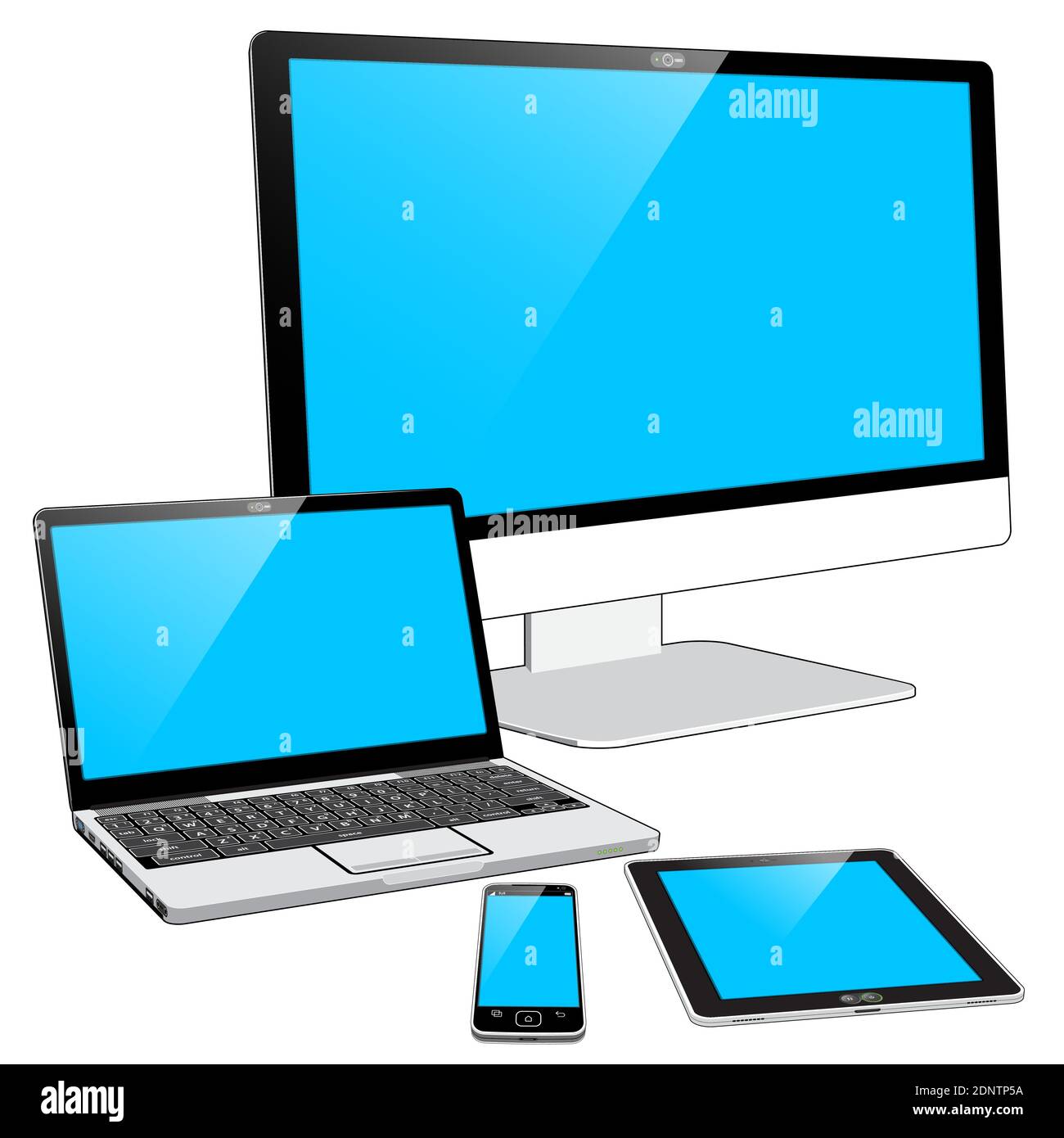 Una raccolta raggruppata di 4 dispositivi attuali: Uno smartphone, un Tablet PC, un notebook e un PC all-in-one con ampio display. Illustrazione Vettoriale
