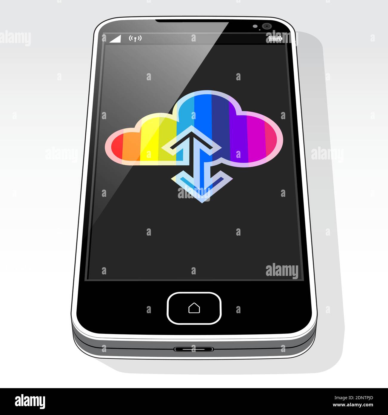 Un dispositivo smartphone che presenta l'icona "Data Sync Cloud" sullo schermo. Illustrazione Vettoriale