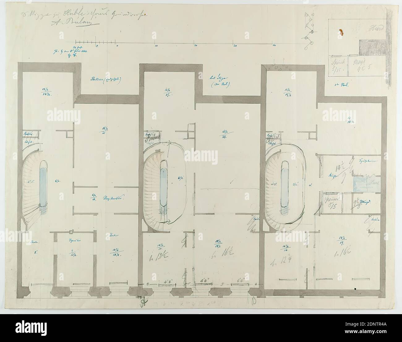 Theodor Bülau, Hübbe'se Haus, Ferdinandstr. 65, Amburgo. Pianta del primo piano, 1° e 2° piano, carta, penna, inchiostro, matita, penna e inchiostro, lavato, colorato, dimensioni foglio: Altezza: 32.1 cm; larghezza: 41.2 cm, monogramma, inscritto e datato: Recto: In inchiostro: HB. ♄ [Saturnsymbol] l'8t giugno 1844, il. B, inscritto: Recto: In piombo: Schizzo delle planimetrie della casa di Hübbe, A. Bülau, disegni di progetto, disegno, pianta di un edificio, architettura Foto Stock