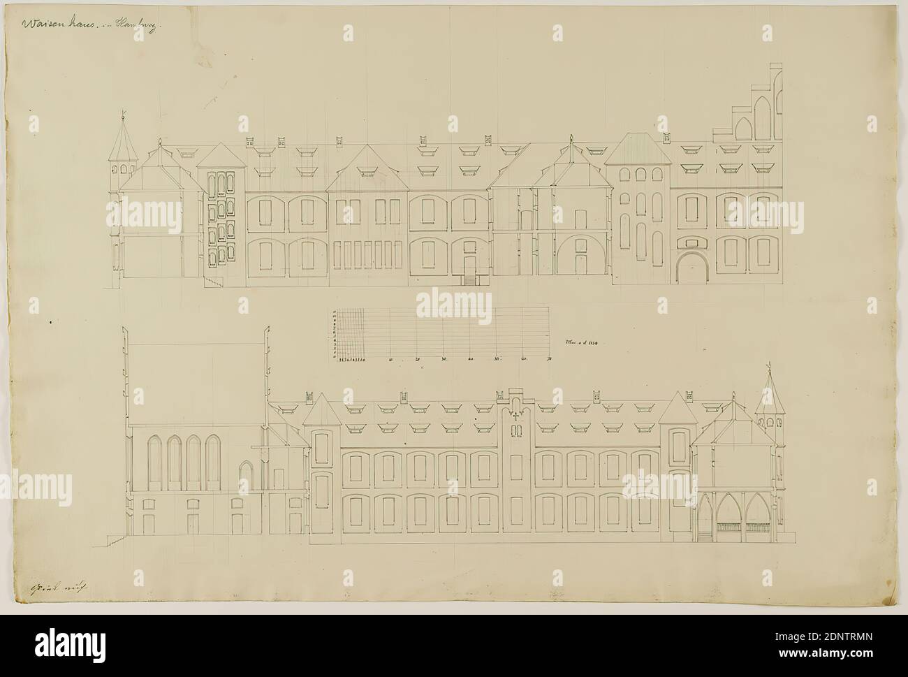 Theodor Bülau, orfanotrofio, Amburgo. Complesso principale di progettazione della concorrenza. Sezioni longitudinali e trasversali dell'ala per ragazzi, medie e ragazze con ingresso al palazzo e al cancello, carta, penna, inchiostro, matita, disegno a penna e inchiostro, dimensioni del foglio: Altezza: 45.5 cm; larghezza: 67 cm, incisa e datata: Recto: Inchiostro: Mai anno Domini 1854, Glück auf [motto del concorso], inscritto: Recto o. li.: In piombo: Orfanotrofio ad Amburgo., disegni di disegno, tagliato attraverso un'architettura, orfanotrofio, progetto, progetto di un edificio, architettura profana Foto Stock