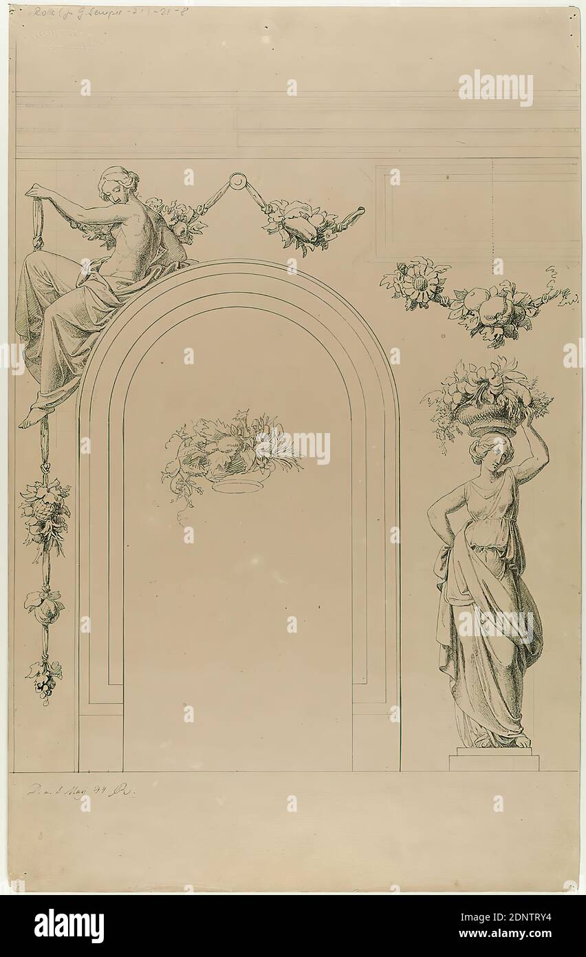 Gottfried Semper, Carl Gottlieb Rolle, decorazioni a graffito sull'edificio residenziale e degli uffici del farmacista Wilhelm Semper, Amburgo. Cornice finestra con la figura portante della donna europea, 1 ° piano, vecchio stock, probabilmente un 1903, cartone, matita, inchiostro, disegno penna e inchiostro, dimensioni foglio: Altezza: 44.8 cm; larghezza: 28.8 cm, monogramma, inscritto e datato: Recto: In inchiostro: D. a. 8. May 1844 CR, inscritto: Recto: In piombo: Rolle (zu G. Semper-71)-21-8, timbro a secco: Recto: ATELIER, für ARCHITEKTUR UND industrie, B. Foto Stock