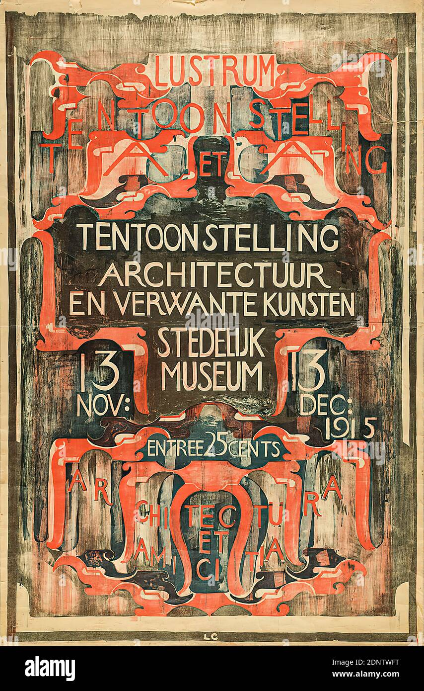 CAREL Adolph Lion cachet, Roeloffzen & Hübner, Tentoonstelling Architectuur en verwante Kunsten - Museo Stedelijk, carta, litografia, totale: Altezza: 121,5 cm; larghezza: 79,5 cm, monogramma: Recto e stampato: LC, poster espositivi, mostra d'arte, architettura, ornamenti, lettere, alfabeto, carattere Foto Stock