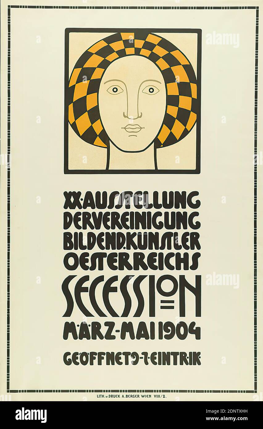 Leopold Stolba, Istituto litografico Albert Berger, XX mostra della formazione dell'associazione. Artist Oesterreichs Secession marzo-maggio 1904, litografia, totale: Altezza: 95,20 cm; larghezza: 65,50 cm, manifesti, en face (vista frontale), donna, ornamenti geometrici, testa, viso, art nouveau Foto Stock