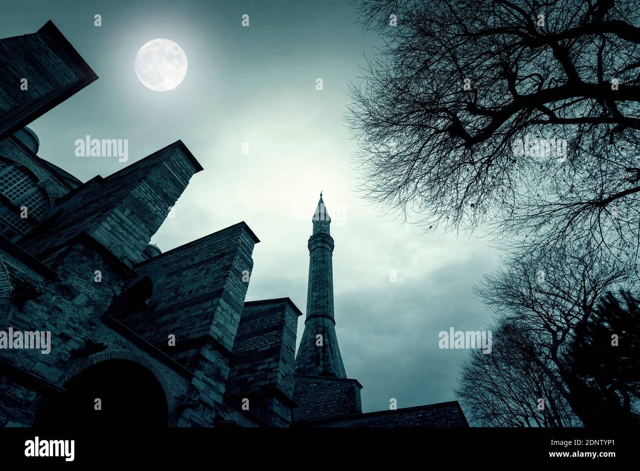 Notte magica con la luna sul vecchio minareto al Palazzo Topkapi a Istanbul, Turchia, immagine tonica Foto Stock